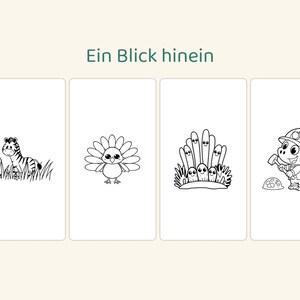 May include: A coloring page set with the text Ein Blick hinein featuring four panels: a zebra in grass, a turkey, a group of small smiling creatures, and a cartoon dinosaur wearing a hard hat and holding a hammer near a rock.