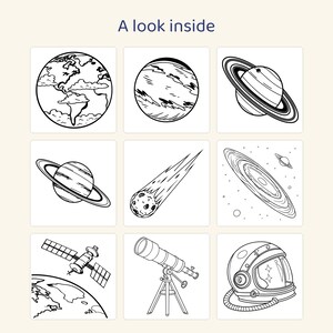 May include: A grid of nine black and white line art illustrations featuring space themes, including planets, a comet, a galaxy, a satellite, a telescope, and an astronaut helmet, with the text A look inside at the top.