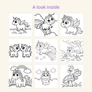 Puede incluir: Una p&aacute;gina de libro para colorear titulada A look inside que presenta nueve ilustraciones en blanco y negro de unicornios, un cupcake y una mariposa sobre un hongo. Los dibujos incluyen unicornios con alas, arco&iacute;ris y flores.