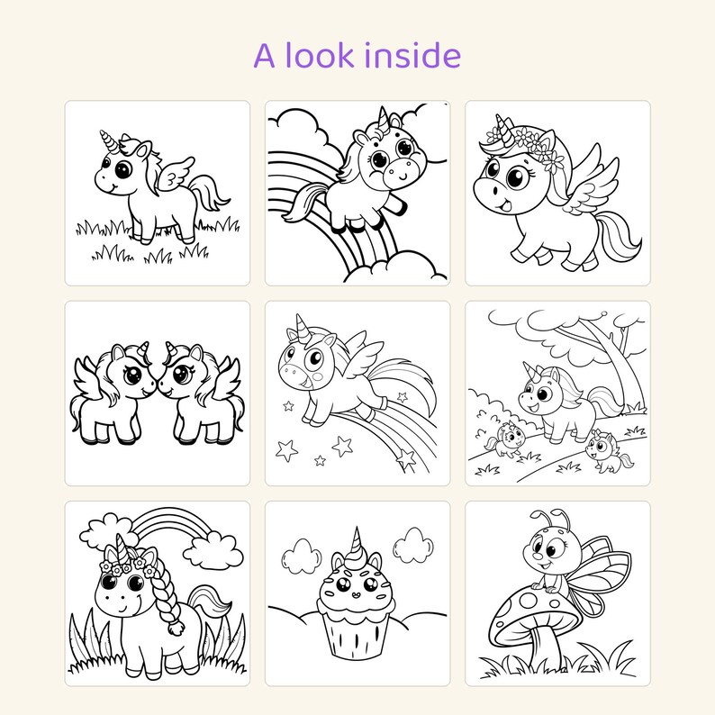 Puede incluir: Una p&aacute;gina de libro para colorear titulada A look inside que presenta nueve ilustraciones en blanco y negro de unicornios, un cupcake y una mariposa sobre un hongo. Los dibujos incluyen unicornios con alas, arco&iacute;ris y flores.
