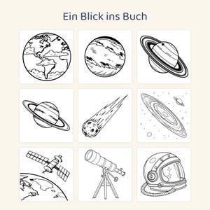 May include: A coloring page titled Ein Blick ins Buch featuring nine black and white line art illustrations of space elements including planets, a comet, a galaxy, a satellite orbiting Earth, a telescope, and an astronaut helmet.