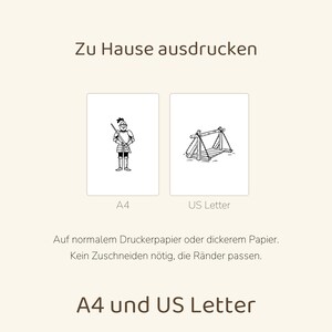 May include: A digital print file featuring a knight and a drawbridge illustration. The text reads Zu Hause ausdrucken, A4, US Letter, Auf normalem Druckerpapier oder dickerem Papier. Kein Zuschneiden n&ouml;tig, die R&auml;nder passen, A4 und US Letter.