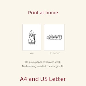 May include: A digital print template featuring the text Print at home and A4 and US Letter. Two white rectangles display black line art: one shows a figure in a bishop's mitre and robes, the other shows a group of small, smiling shoes.