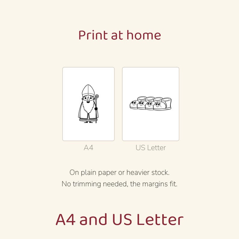 May include: A digital print template featuring the text Print at home and A4 and US Letter. Two white rectangles display black line art: one shows a figure in a bishop's mitre and robes, the other shows a group of small, smiling shoes.