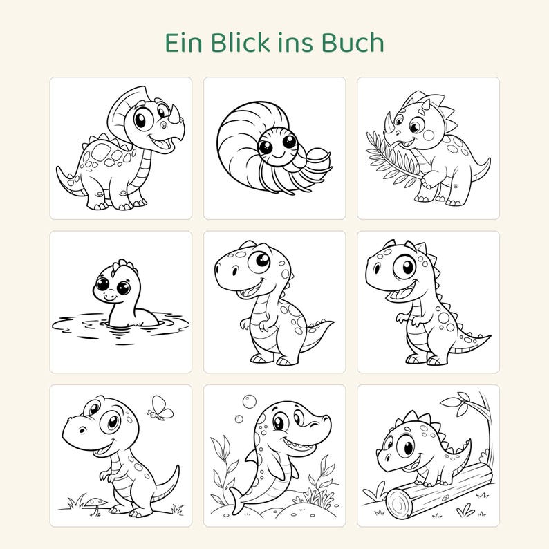 Puede incluir: Una p&aacute;gina de libro para colorear titulada Ein Blick ins Buch que presenta nueve ilustraciones distintas en blanco y negro de dinosaurios y criaturas prehist&oacute;ricas, incluyendo un triceratops, un ammonite y reptiles acu&aacute;ticos.