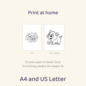 May include: A digital printable file featuring two black and white line art designs. One shows two smiling stars with radiating lines, and the other shows a cartoon pig with a four-leaf clover. Text includes Print at home, A4, US Letter.