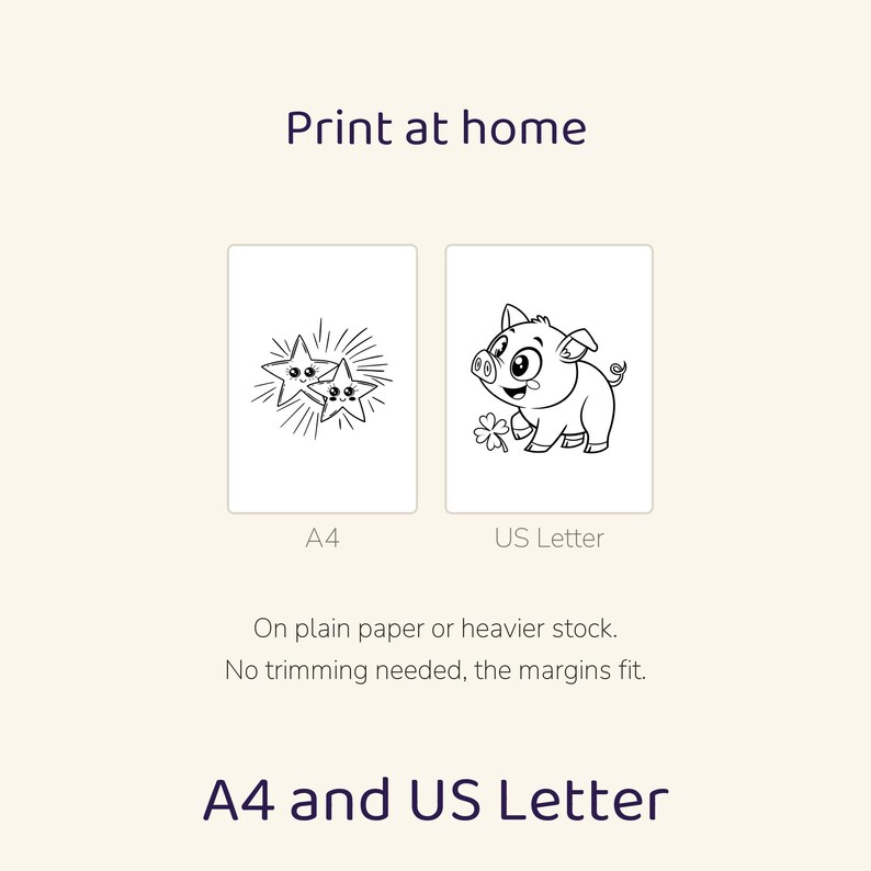May include: A digital printable file featuring two black and white line art designs. One shows two smiling stars with radiating lines, and the other shows a cartoon pig with a four-leaf clover. Text includes Print at home, A4, US Letter.