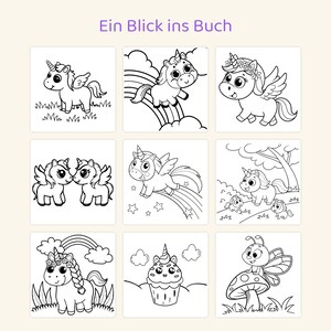 May include: A coloring book page titled Ein Blick ins Buch featuring nine distinct black and white line art illustrations. The images depict various unicorns with wings, rainbows, stars, a cupcake with a unicorn horn, and a butterfly on a mushroom.