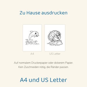 May include: Two printable coloring pages featuring a dolphin jumping from water and a small creature with a spiky shell on a rock. The text reads Zu Hause ausdrucken, A4, US Letter, and Auf normalem Druckerpapier oder dickerem Papier. Kein Zuschneiden n&ouml;tig, die R&auml;nder passen. A4 und US Letter.