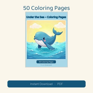 Puede incluir: Una colecci&oacute;n digital titulada 50 Coloring Pages con el texto Under the Sea - Coloring Pages. La portada muestra una ballena azul nadando en olas oce&aacute;nicas azules bajo un cielo amarillo. Autor: M. von Wedelstaedt.