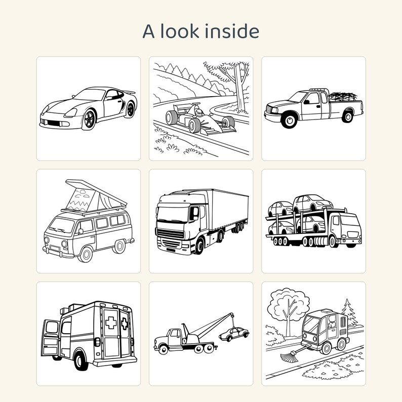 Pu&ograve; includere: Una pagina da colorare intitolata A look inside con nove illustrazioni al tratto in bianco e nero di vari veicoli, tra cui un'auto sportiva, un'auto da corsa, un pickup, un camper, un autoarticolato, una bisarca, un'ambulanza, un carro attrezzi e una spazzatrice.