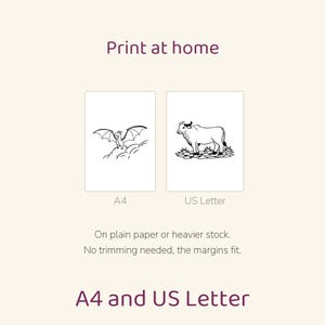 May include: Two rectangular printables labelled A4 and US Letter. The A4 sheet features a black line drawing of a dragon on a hill. The US Letter sheet shows a black line drawing of a bull. Text reads Print at home, On plain paper or heavier stock. No trimming needed, the margins fit. A4 and US Letter.