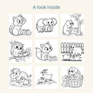 May include: A coloring page titled A look inside featuring nine square panels with black and white line art illustrations of various animals and their offspring, including cats, elephants, bears, owls, foxes, pigs, cows, goats, and dogs.