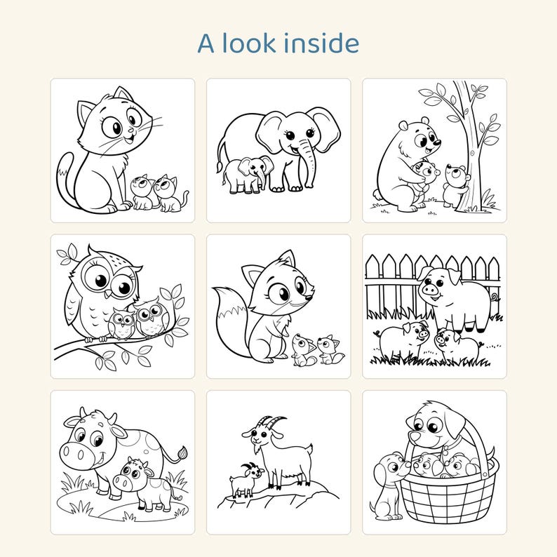 May include: A coloring page titled A look inside featuring nine square panels with black and white line art illustrations of various animals and their offspring, including cats, elephants, bears, owls, foxes, pigs, cows, goats, and dogs.