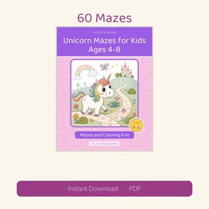 May include: A puzzle book titled 60 Mazes Unicorn Mazes For Kids Ages 4-8. The cover features a white unicorn with a colorful mane, a rainbow, a castle, and flowers. It includes the text Mazes and Coloring Fun and M. von Wedelstaedt.