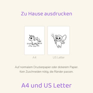 May include: Two printable coloring pages featuring a unicorn and a fairy with a star wand. The text reads Zu Hause ausdrucken, A4, US Letter, Auf normalem Druckerpapier oder dickerem Papier. Kein Zuschneiden n&ouml;tig, die R&auml;nder passen. A4 und US Letter.