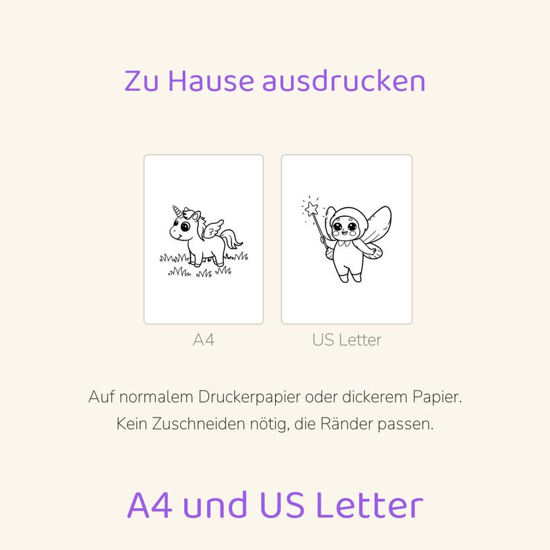 May include: Two printable coloring pages featuring a unicorn and a fairy with a star wand. The text reads Zu Hause ausdrucken, A4, US Letter, Auf normalem Druckerpapier oder dickerem Papier. Kein Zuschneiden n&ouml;tig, die R&auml;nder passen. A4 und US Letter.