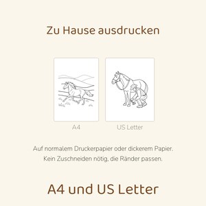 May include: Two printable colouring pages featuring black and white line art of horses. One page shows a horse running in a field, the other shows a person tending to a horse. Text includes Zu Hause ausdrucken, A4, US Letter, and more.