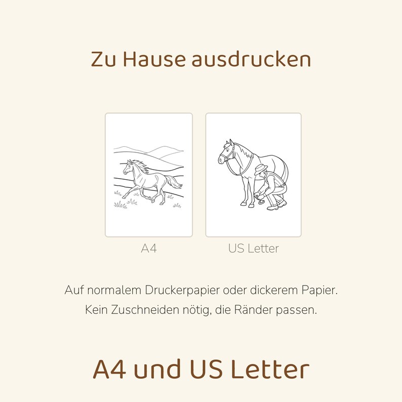 May include: Two printable colouring pages featuring black and white line art of horses. One page shows a horse running in a field, the other shows a person tending to a horse. Text includes Zu Hause ausdrucken, A4, US Letter, and more.