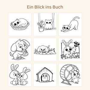 Puede incluir: Una p&aacute;gina de libro para colorear titulada Ein Blick ins Buch con nueve ilustraciones de l&iacute;neas en blanco y negro de animales, incluyendo gatos, perros, conejos y un h&aacute;mster en una rueda, con ojos grandes y contornos simples.