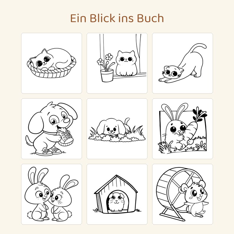 Puede incluir: Una p&aacute;gina de libro para colorear titulada Ein Blick ins Buch con nueve ilustraciones de l&iacute;neas en blanco y negro de animales, incluyendo gatos, perros, conejos y un h&aacute;mster en una rueda, con ojos grandes y contornos simples.