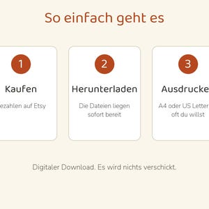 Puede incluir: Un gr&aacute;fico instructivo titulado So einfach geht es con tres pasos numerados en c&iacute;rculos marrones. Paso 1: Kaufen, Bezahlen auf Etsy. Paso 2: Herunterladen, Die Dateien liegen sofort bereit. Paso 3: Ausdr&uuml;cken, A4 oder US Letter, so oft du willst. Digitaler Download. Es wird nichts verschickt.