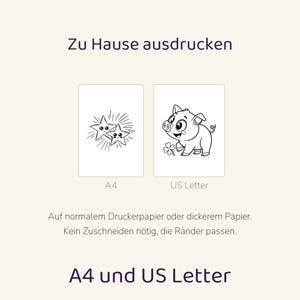 May include: A digital print file featuring two rectangular pages labeled A4 and US Letter. The A4 page shows two smiling stars with radiating lines. The US Letter page shows a cartoon pig holding a four-leaf clover. Text includes Zu Hause ausdrucken, A4, US Letter, Auf normalem Druckerpapier oder dickerem Papier. Kein Zuschneiden n&ouml;tig, die R&auml;nder passen, and A4 und US Letter.
