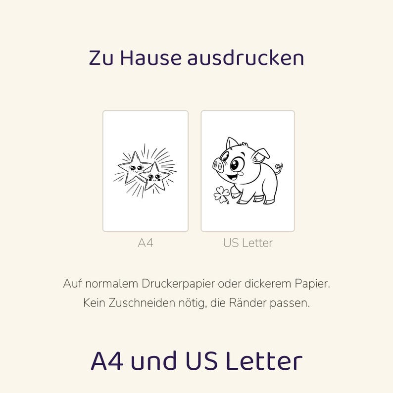 May include: A digital print file featuring two rectangular pages labeled A4 and US Letter. The A4 page shows two smiling stars with radiating lines. The US Letter page shows a cartoon pig holding a four-leaf clover. Text includes Zu Hause ausdrucken, A4, US Letter, Auf normalem Druckerpapier oder dickerem Papier. Kein Zuschneiden n&ouml;tig, die R&auml;nder passen, and A4 und US Letter.