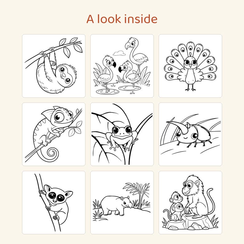 May include: A coloring book page titled A look inside featuring nine black and white line art illustrations of animals including a sloth, flamingos, a peacock, a chameleon, a frog, a beetle, a tarsier, a tapir, and monkeys.