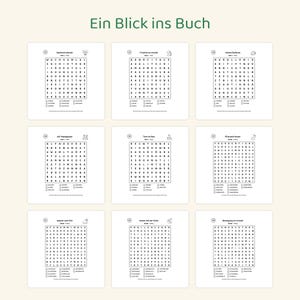 May include: A collection of nine word search puzzles on white pages, each featuring a grid of letters, a numbered title, and a list of words to find. The header text reads Ein Blick ins Buch. The puzzles include themes like Nachtschw&auml;rmer, Fr&uuml;chte im Urwald, Hartes &Auml;u&szlig;eres, Auf Ma&szlig;arbeit, Tiere im Bau, Pflanzenfresser, Wasser und Ufer, Immer mit der Ruhe, and Bewegung im Urwald.