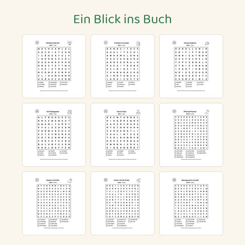 May include: A collection of nine word search puzzles on white pages, each featuring a grid of letters, a numbered title, and a list of words to find. The header text reads Ein Blick ins Buch. The puzzles include themes like Nachtschw&auml;rmer, Fr&uuml;chte im Urwald, Hartes &Auml;u&szlig;eres, Auf Ma&szlig;arbeit, Tiere im Bau, Pflanzenfresser, Wasser und Ufer, Immer mit der Ruhe, and Bewegung im Urwald.
