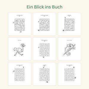 May include: A grid of nine white pages featuring black line art activities. The top text reads Ein Blick ins Buch. The pages contain various mazes with small animal illustrations and German text prompts like Wer findet den Weg and Los geht's.