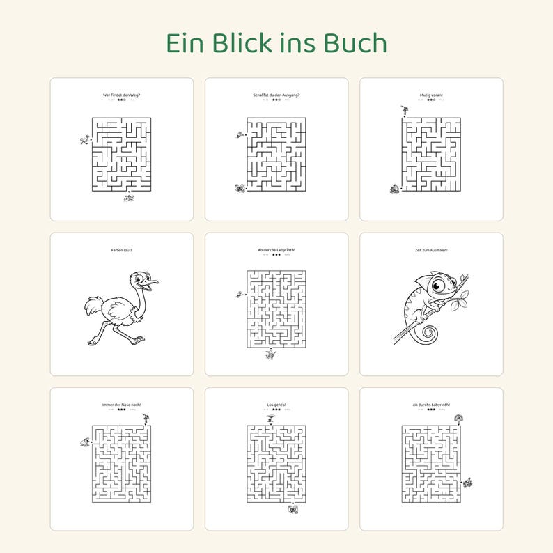 May include: A grid of nine white pages featuring black line art activities. The top text reads Ein Blick ins Buch. The pages contain various mazes with small animal illustrations and German text prompts like Wer findet den Weg and Los geht's.