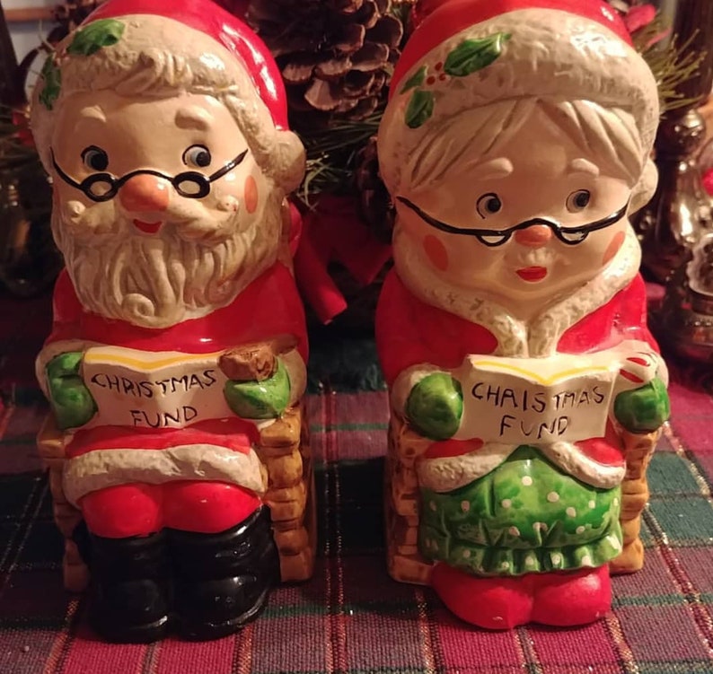 Vintage Santa and Mrs Clause Christmas Funds Banks Free US Shipping Mid Century Christmas Decor