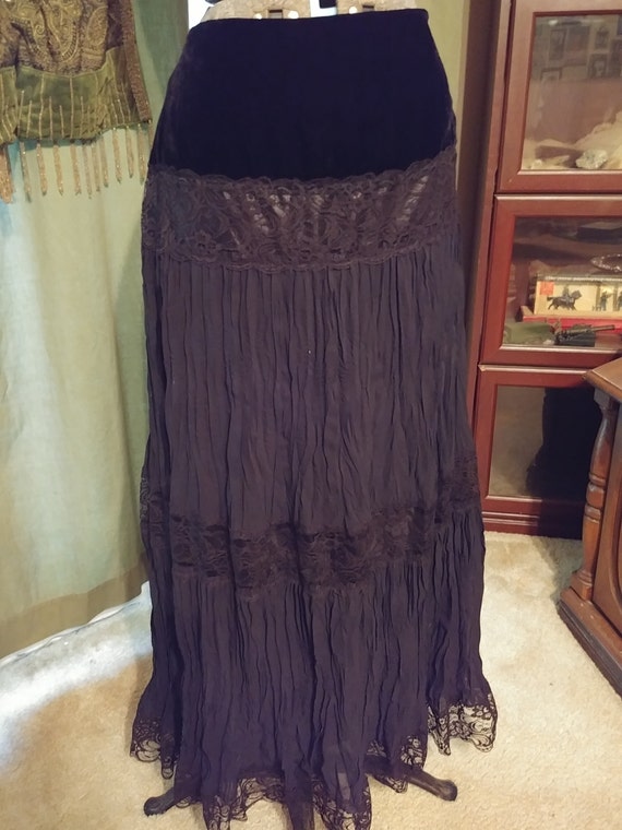 Vintage Black Velvet Maxi Skirt, Lace Broomstick Maxi… Gem
