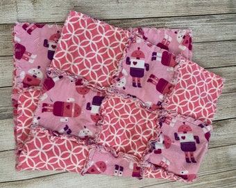 Pink Robot small Rag Quilt (Approx. 26inx32in)