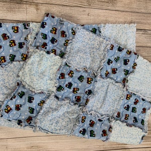 Blue Train Large Rag Quilt (Approx 32inx42in)/Stroller Blanket/Baby Shower Gift/Birthday Gift/Kid Blanket