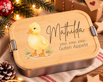 Personalisierte Brotdose mit Namen | Lunchbox Kinder Kindergarten Schule | Bär Küken Tiermotiv | Weihnachtsgeschenk
