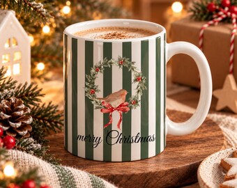 Zauberhafte Weihnachtstasse mit Rotkehlchen, gestreifte Keramiktasse mit Weihnachtskranz, Merry Christmas Tasse, Geschenk zu Weihnachten