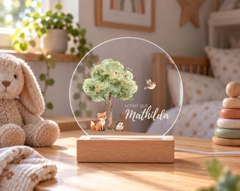 Nachtlicht personalisiert mit Name - Schlaf gut - Acrylglas mit Tiermotiv, LED - Holzsockel