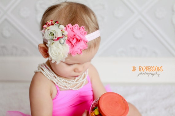 Items similar to Pink Floral Headband - Shabby Headband - Newborn ...