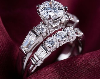 Anniversary Gift For Her 2.20Ct Round Cut Moissanite Engagement Wedding Ring Bridal Set 14k White Gold Plated 925 Silver, Women's Jewelry