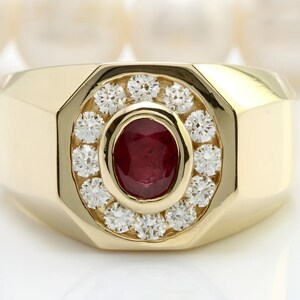 2.30Ct Oval Cut Red Ruby & Halo Cubic Zirconia Men's Wedding Band Engagement Ring 14K Gold Plated 925 Sterling Silver, Art Deco Style