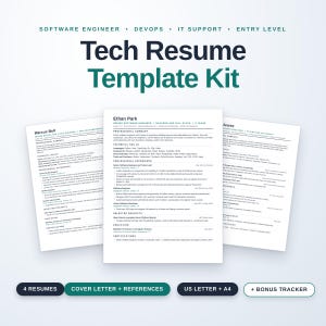 Tech Resume Template Bundle, Software Engineer, DevOps, IT Support, Entry Level Developer, Word Google Docs Canva, ATS Friendly