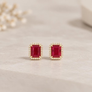 Natural Red Ruby & Diamond Emerald-Cut Halo Stud Earrings Solid 14k Yellow Gold