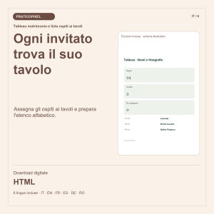 Può includere: Un modello digitale per il tableau de mariage con il testo 'Ogni invitato trova il suo tavolo' e 'Tableau - Nomi e fotografie'. L'interfaccia mostra il conteggio degli ospiti, l'assegnazione ai tavoli e un elenco di nomi tra cui Emilie Laurent e Stefan Popescu.