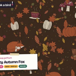 Autumn fox seamless pattern, fall digital paper with pumpkins and woodland animals, JPG for fabric and sublimation
