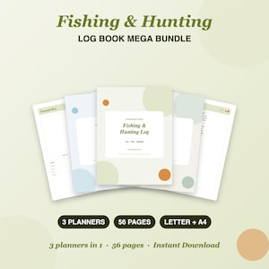 Puede incluir: Un paquete de cuadernos de bitácora Fishing & Hunting con tres planificadores de 56 páginas en total en tamaños Letter y A4. La portada muestra el texto Fishing & Hunting Log con círculos abstractos en tonos verde, azul y naranja.