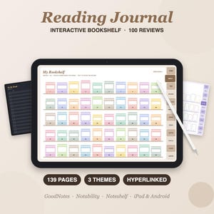 Könnte beinhalten: Ein digitales Lesetagebuch auf einem Tablet-Bildschirm mit einem interaktiven Bücherregal, nummerierten Buchrücken in Pastellfarben, Navigationsreitern an der Seite und dem Text Reading Journal Interactive Bookshelf 100 Reviews.