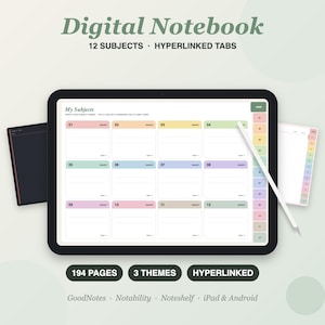以下が含まれることがあります： タブレット画面に表示されたデジタルノート。12のサブジェクト、ハイパーリンク付きタブ、白いスタイラスペン、グリッドパターンのページが特徴です。インターフェースには「Digital Notebook」「12 Subjects」「Hyperlinked Tabs」「My Subjects」「194 Pages」「3 Themes」「Hyperlinked」というテキストが含まれています。